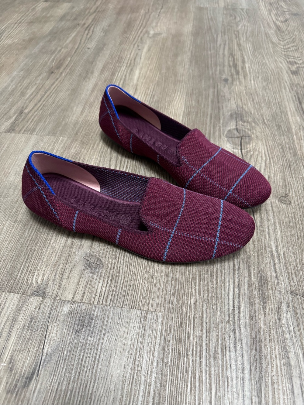 Rothy's The Loafer Women's Burgundy Grid Plaid Slip On Flat Shoes Size 10.5